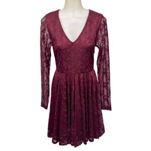 ALTAR’D STATE Burgundy Dress Long Sheer Lace  Sleeves Ribbon Tie Whimsical